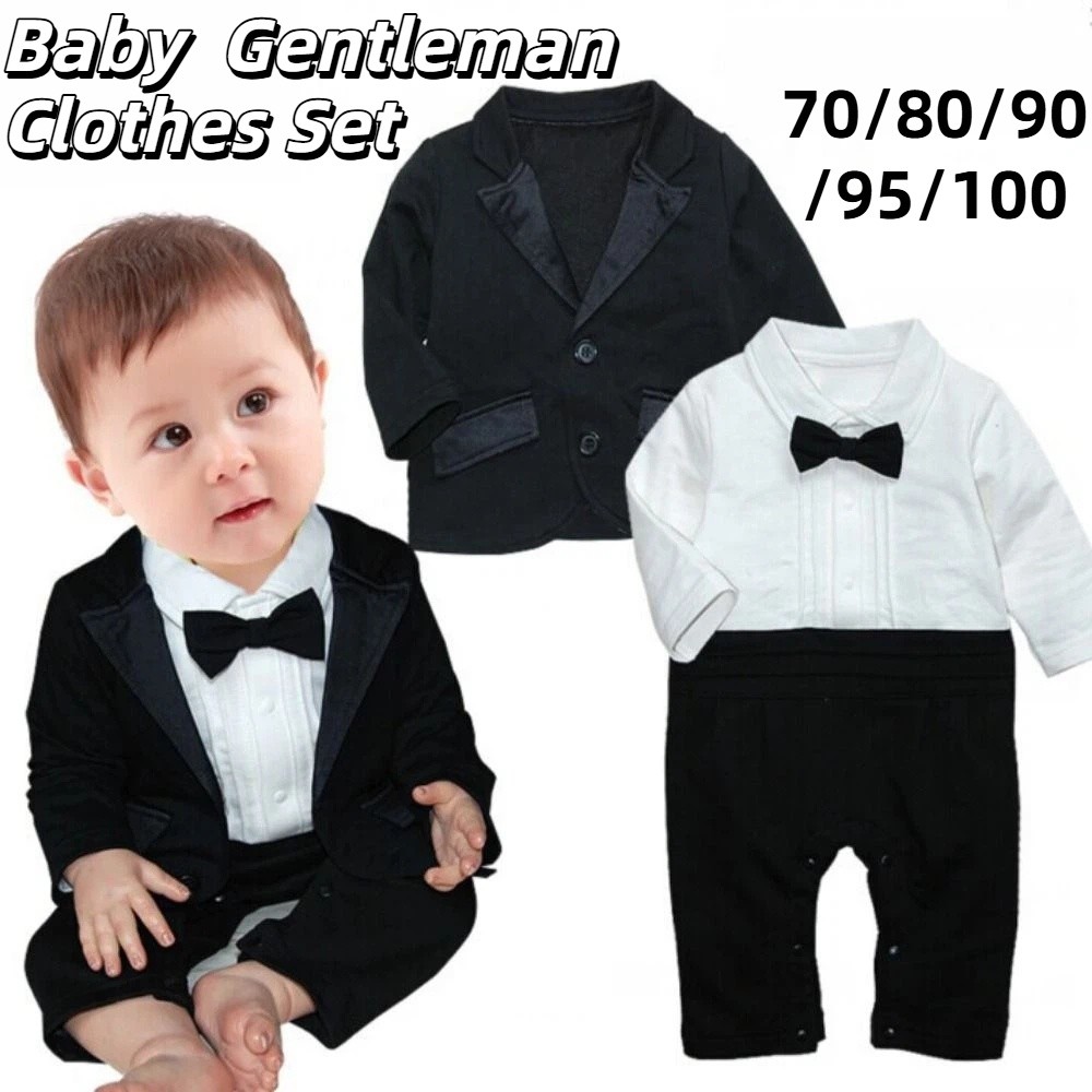 Baby Clothing Bundles - 2 ピース/セット黒のタキシード紳士ボスベビー服ツーピース衣装蝶ネクタイ幼児ロンパースボディスーツロンパースボディスーツストライプベスト
