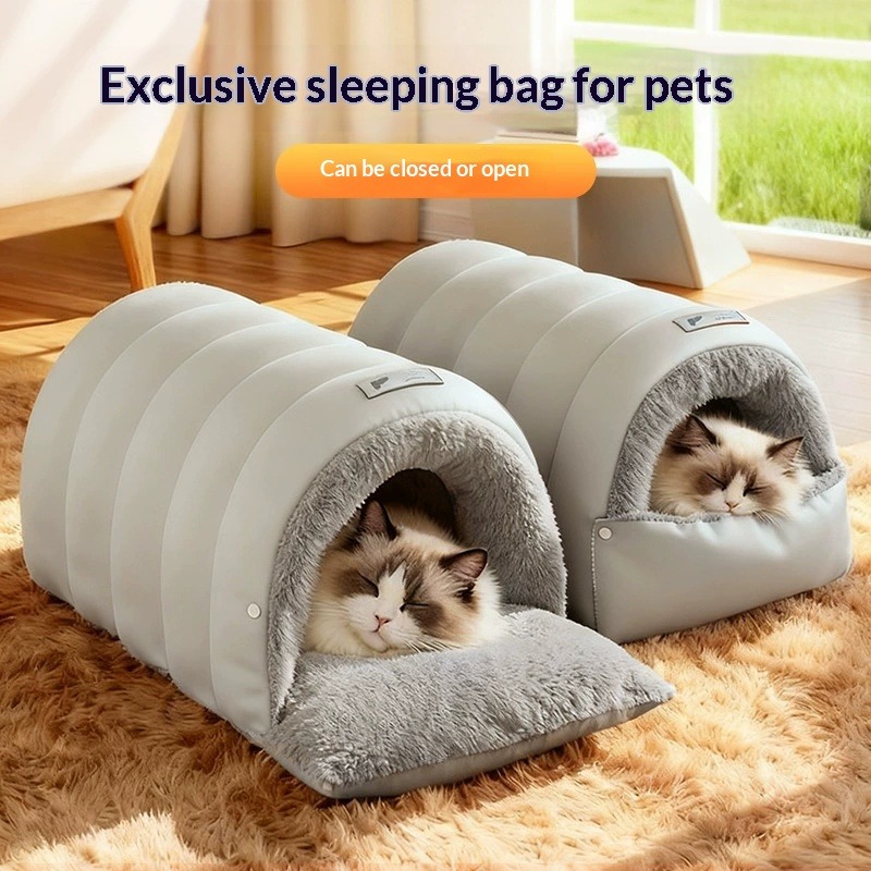 Fleece Sleep Bag - 半密閉型レザー寝袋 洗える猫ハウス 防水底 冬用暖かい猫用洞窟ベッド フリース取り外し可能パッド 滑り止め