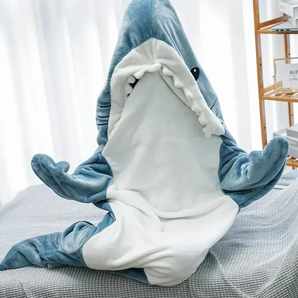 Fleece Sleep Bag - 漫画サメブランケットパーカー女性着ぐるみ遊び着子供親フード付き暖かいフランネルおかしいホームウェアサメカバーオール寝袋