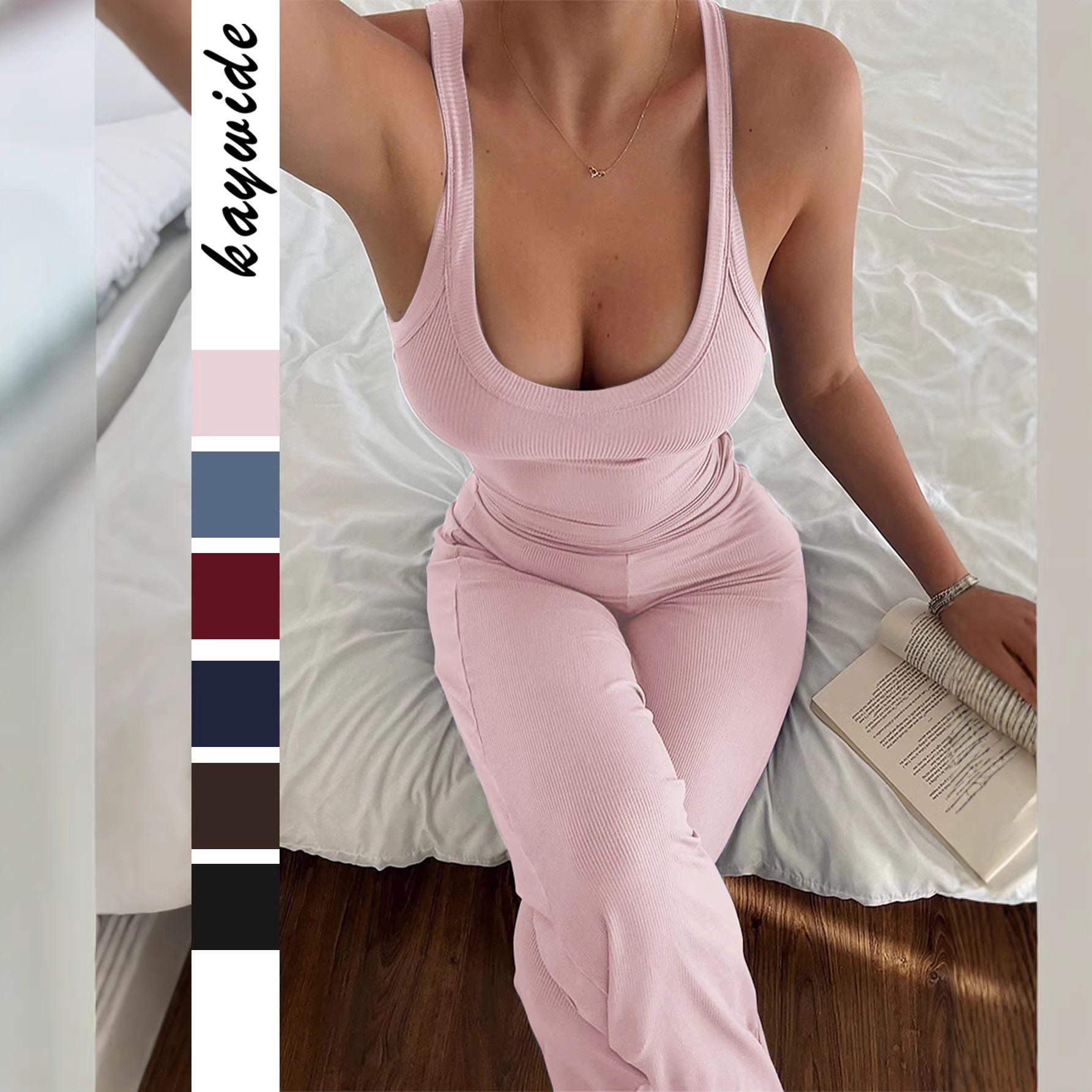 Summer Short Set - 春夏レディース服 スポーティノースリーブタンクトップ ワイドレッグパンツセット 女性用 ビスコースポリエステル混紡 無地