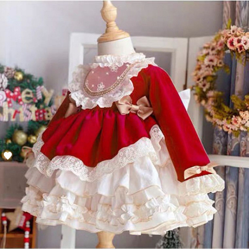 Baby Xmas Clothing - 女の子のためのスペイン語のイブニングドレス,ヴィンテージのピンクのロリータ,レース,クリスマスパーティーのためのプリンセスドレス,ギフト