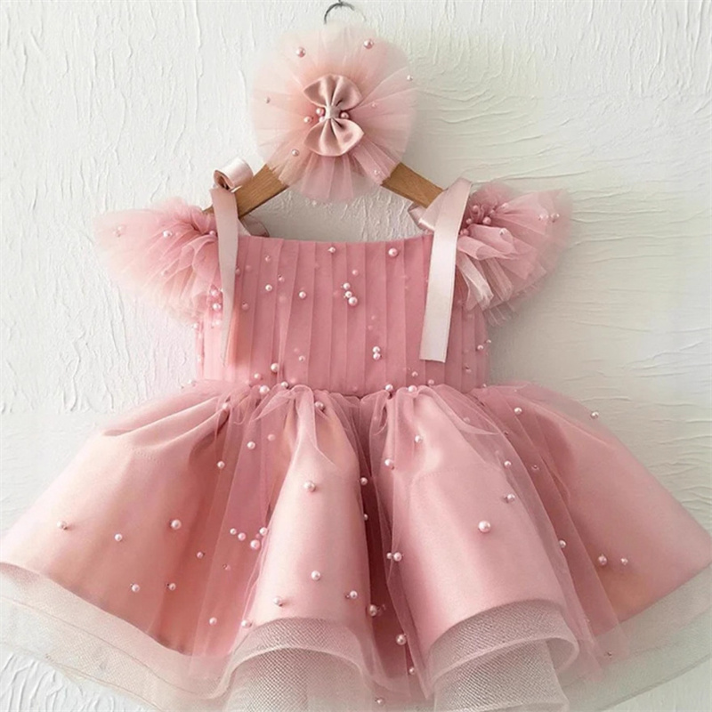 Baby Xmas Clothing - キッズベビープリンセスチュールパールボウフラワーガールドレス初聖体ドレス誕生日クリスマスギフトウェディングパーティー誕生日
