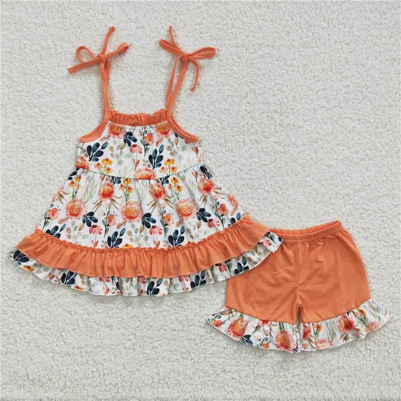 Baby Clothing Boutique - z95-04 GSSO0194 卸売子供服女の子夏服オレンジの花サスペンダーショーツセットブティック女の赤ちゃん服