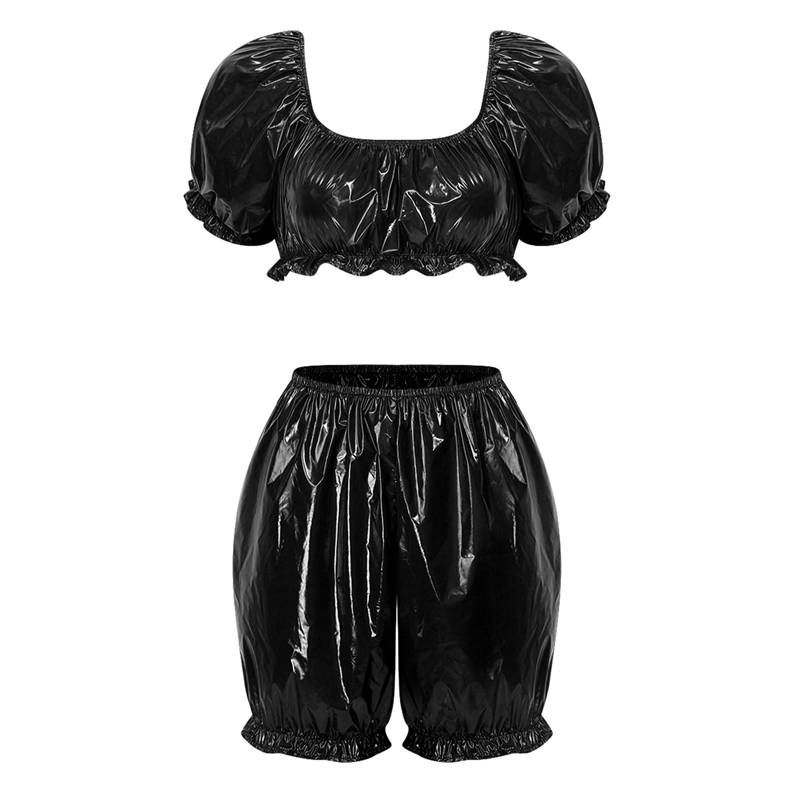 Summer Short Set - レディース ウェットルック PUレザー クラブウェア ビニール ラッフルスリーブ