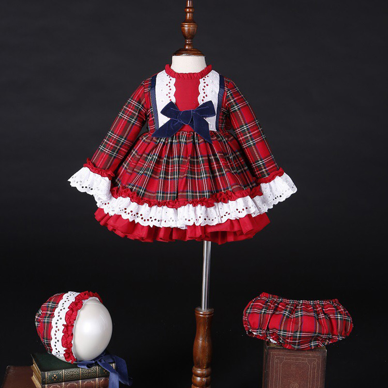 Baby Xmas Clothing - 女の赤ちゃん秋冬クリスマス赤チェック柄ヴィンテージスペインポンポンボールプリンセスドレス綿ロリータパーティー服帽子パンツ C5